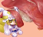  1girl blonde_hair blue_tabard blush_stickers collared_dress dress expressionless fish food food-themed_background food_on_head fox_tail frilled_dress frilled_sleeves frills full_body fumo_(doll) hat hat_tassel jitome kitsune mob_cap object_on_head on_floor rice rusuban_(yakumora_n) short_hair sitting socks solo sushi tabard tail touhou white_dress white_hat white_socks yakumo_ran 