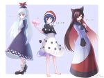  3girls animal_ears barefoot black_capelet blob blue_dress blue_eyes blue_hat brooch brown_hair capelet commentary_request doremy_sweet dream_soul dress full_body grey_hair hat highres imaizumi_kagerou jewelry kamishirasawa_keine long_hair long_sleeves looking_at_viewer multiple_girls nightcap ocooco open_mouth pom_pom_(clothes) puffy_short_sleeves puffy_sleeves red_eyes red_hat red_nails short_sleeves smile toes touhou translation_request very_long_hair white_dress wolf_ears wolf_girl 