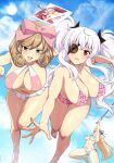  3girls bare_shoulders bikini bikini_skirt breasts brown_hair commentary english_commentary eyepatch frilled_bikini frills green_eyes grey_hair hanging_breasts haruka_(senran_kagura) highres holding katsuragi_(senran_kagura) large_breasts lindaroze multicolored_bikini multiple_girls outdoors pink_bikini red_eyes senran_kagura side-tie_bikini_bottom sky striped_bikini striped_clothes swimsuit twintails yagyu_(senran_kagura) 