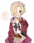  apron blonde_hair blush brown_eyes dress eyeball food fork hair_over_one_eye idolmaster idolmaster_cinderella_girls konno_seara looking_at_viewer maid maid_headdress open_mouth pancake plate shirasaka_koume short_hair sketch skirt sleeves_past_wrists smile solo 