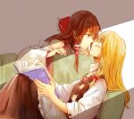  2girls apron bigreen black_skirt black_vest blush book bow brown_eyes brown_hair commentary couch detached_sleeves eye_contact frilled_bow frilled_hair_tubes frills hair_bow hair_tubes hakurei_reimu holding holding_book kirisame_marisa long_hair long_sleeves looking_at_another multiple_girls no_headwear on_couch red_bow ribbon-trimmed_sleeves ribbon_trim skirt touhou vest waist_apron white_apron yuri 