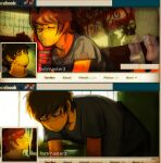  2boys beard_stubble black_shirt blush brown_hair burn_scar closed_eyes commentary derivative_work edd_(eddsworld) eddsworld english_commentary english_text facebook facial_hair fartmaster3 future_edd_(eddsworld) highres imminent_kiss indoors looking_to_the_side lying male_focus mature_male mechanical_arms multiple_boys o3o on_stomach parody photo_background red_leader_(eddsworld) scar shirt short_hair short_sleeves single_mechanical_arm social_network stubble sweatdrop swept_bangs the_pose tord_(eddsworld) yaoi 