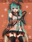  bad_id bad_pixiv_id cane elbow_gloves fang garter_straps gloves green_eyes green_hair halloween happy_halloween hat hatsune_miku long_hair necktie open_mouth orange_background saihate_(d3) skirt solo star thighhighs twintails very_long_hair vocaloid witch_hat 