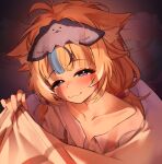  1girl :3 absurdres alternate_costume animal_ears blanket blonde_hair blue_eyes blue_streaks blush cat_ears closed_mouth collared_shirt commentary english_commentary half-closed_eyes highres indie_virtual_youtuber long_hair long_sleeves looking_at_viewer low_twintails lying mask mask_on_head multicolored_hair pajamas sameko_saba shirt signature sleep_mask sleepy smile smug solo streaked_hair twintails tyam under_covers upper_body 