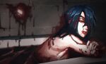  1girl bathing bathtub blood blood_splatter blue_hair blurry blurry_background bubene commentary english_commentary hair_down hair_over_one_eye highres looking_at_viewer nude parted_lips red_eyes scar scar_on_face skullgirls smile solo valentine_(skullgirls) 