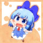  1girl ascot blue_bow blue_dress blue_eyes blue_hair blush bow brown_shoes chibi chibi_only cirno collared_shirt commentary_request detached_wings dress fang full_body hair_bow ice ice_wings matty_(zuwzi) open_mouth pinafore_dress puffy_short_sleeves puffy_sleeves red_ascot shirt shoes short_sleeves sleeveless sleeveless_dress smile socks solo touhou white_shirt white_socks wings 