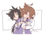  2girls agnes_tachyon_(umamusume) ahoge air_shakur_(umamusume) animal_ears beer_hsk black_hair bow brown_eyes brown_hair hair_between_eyes horse_ears lab_coat long_sleeves looking_at_viewer motion_lines multiple_girls open_clothes parted_lips pleated_skirt purple_shirt purple_skirt school_uniform shirt skirt smile tracen_school_uniform umamusume white_background white_bow 