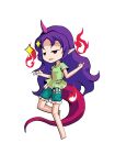  1girl barefoot breasts chibi chibi_only commentary_request dairi full_body green_shirt green_shorts horns large_variant_set long_hair pink_horns purple_hair red_eyes red_tail shirt shorts simple_background single_horn solo tachi-e tenkajin_chiyari test_tube touhou transparent_background variant_set very_long_hair 