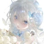  1girl blue_butterfly blue_eyes bug butterfly chibi chibi_inset dumpling eyelashes fang food hair_between_eyes hair_intakes hair_ornament hairpin highres lips long_hair looking_at_viewer makeup mandarin_collar original parted_lips portrait rouge_(makeup) simple_background single_tear solo_focus square watermark white_background white_butterfly white_hair yikou_yizhi 