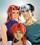  1boy artemis_of_bana-mighdall batman_(series) black_hair brown_eyes collarbone dc_comics dexter_soy earrings family father_and_daughter green_eyes if_they_mated jason_todd jewelry mother_and_daughter multicolored_hair muscular orange_hair red_hood_and_the_outlaws short_hair simple_background single_earring two-tone_hair upper_body western_comics_(style) wonder_woman_(series) 