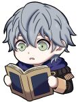  1boy absurdres ashe_ubert blue_hoodie book chibi chibi_only fire_emblem fire_emblem:_three_houses freckles garreg_mach_monastery_uniform green_eyes grey_hair highres holding holding_book hood hoodie male_focus nekomoni open_mouth solo sticker 