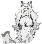 anthro arknights big_breasts breasts clasped_hands clothed clothed_female clothing felid female fluffy fluffy_tail fur grey_body grey_fur hair happy huge_thighs hypergryph long_hair mammal pantherine pramanix_(arknights) shiyaa_stuff simple_background smile snow_leopard solo spot_color studio_montagne tail thick_thighs white_background white_hair wide_hips