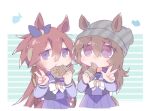  2girls beanie beer_hsk blue_ribbon bow brown_hair ear_ribbon ears_through_headwear food grey_hat hair_between_eyes hat holding holding_food long_hair long_sleeves multiple_girls nakayama_festa_(umamusume) orfevre_(old_design)_(umamusume) pleated_skirt puffy_long_sleeves puffy_sleeves purple_eyes purple_shirt purple_skirt ribbon school_uniform shirt skirt striped_background striped_clothes striped_headwear taiyaki tracen_school_uniform umamusume vertical-striped_clothes vertical-striped_headwear very_long_hair wagashi white_bow 