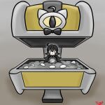  1girl black_bow black_bowtie black_coat black_hair bow bowtie coat coin gimmighoul grey_shirt grimmi_(vtuber) hair_between_eyes highres holding holding_coin indie_virtual_youtuber long_hair open_mouth pale_skin pokemon pokemon_(creature) shirt silver_coin tairants treasure_chest virtual_youtuber yellow_eyes 