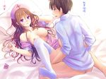  1girl bed_sheet boy_on_top breasts brown_hair condom_wrapper hat hetero lace lace-trimmed_thighhighs legs light_smile long_hair long_legs lying medium_breasts missionary nipples nurse nurse_cap off_shoulder on_back open_clothes open_shirt original pillow purple_eyes sex shirt suikakitsu_shiro sweat thighhighs translation_request vaginal xia_you_qing 