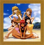  1990s_(style) 5girls arm_behind_head arm_up artist_request barefoot beach bikini black_hair black_one-piece_swimsuit blonde_hair blue_eyes blue_one-piece_swimsuit brown_eyes brown_hair casual_one-piece_swimsuit cleavage_cutout clothing_cutout day eberouge grin hand_on_own_arm index_finger_raised knees_up leaning_forward long_hair looking_at_viewer multiple_girls navel_cutout non-web_source official_art one-piece_swimsuit open_mouth outdoors pink_bikini red_eyes red_hair retro_artstyle short_hair sitting smile strapless strapless_one-piece_swimsuit swimsuit v_arms white_one-piece_swimsuit yellow_one-piece_swimsuit yokozuwari 