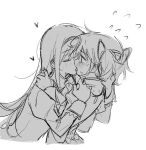  2girls akemi_homura blush closed_eyes commentary flying_sweatdrops french_kiss greyscale hand_on_another's_shoulder heart juliet_sleeves k-nit kaname_madoka kiss long_sleeves mahou_shoujo_madoka_magica mahou_shoujo_madoka_magica_(anime) mitakihara_school_uniform monochrome multiple_girls puffy_sleeves school_uniform short_twintails sweat tears twintails yuri 