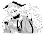  1girl alpha_transparency arm_up black_collar black_hat black_trim breasts collar commentary commentary_request detached_sleeves floating_hair geometric_pattern grey_eyes grey_hair grey_tabard greyscale grin hat holding holding_own_hair large_breasts long_hair long_sleeves matara_okina monochrome muchin_jousha parted_bangs sideboob smile sparkle symbol-only_commentary tabard touhou transparent_background two-tone_hat upper_body white_hair wide_sleeves 