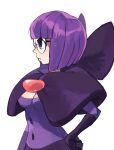  1girl blunt_bangs bob_cut breasts cleavage dress elbow_gloves expressionless from_side glasses gloves hand_on_own_hip highres low-cut neck_pillow orisghost pokemon pokemon_bw profile purple_dress purple_eyes purple_gloves purple_hair shauntal_(pokemon) short_hair solo upper_body 