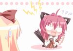  ahoge animal_ears blonde_hair blush cat_ears cat_tail chibi dress flying_sweatdrops kagerou_(kers) kemonomimi_mode long_hair multiple_girls nanamori_school_uniform open_mouth pink_hair sailor_dress school_uniform serafuku sugiura_ayano sweat sweatdrop tail toshinou_kyouko wavy_mouth yuru_yuri 