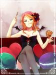  :p bare_shoulders blush breasts bustier cleavage crossed_legs cup fishnet_legwear fishnets food green_eyes hair_ornament halloween large_breasts looking_at_viewer macaron mochizuki_mina multicolored_hair orange_hair original pillow pink_hair short_hair sitting smile solo spoon thighhighs tongue tongue_out wings 