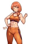  1girl abs bare_arms bare_shoulders clenched_hand commission crop_top dark-skinned_female dark_skin fire_emblem fire_emblem:_three_houses hand_on_own_hip highres ko-fi_commission leonie_pinelli leonie_pinelli_(timeskip) muscular muscular_female one_eye_closed orange_eyes orange_hair orange_pants orange_sports_bra pants rotomdocs smile sports_bra 