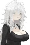  1girl absurdres arch_05x black_dress breasts cleavage cleavage_cutout closed_mouth clothing_cutout cross cross_earrings cross_necklace dress earrings empty_eyes expressionless grey_eyes hair_between_eyes highres jewelry large_breasts long_hair long_sleeves looking_at_viewer messy_hair necklace nun original simple_background solo tight_clothes upper_body white_background white_hair 