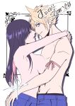  1boy 1girl absurdres arm_ribbon arms_around_neck black_hair blonde_hair blue_eyes breast_press breasts closed_mouth cloud_strife commentary_request couple denim earrings english_text face-to-face final_fantasy final_fantasy_vii final_fantasy_vii:_advent_children from_side hands_on_another's_ass hetero highres hug imminent_kiss jeans jewelry large_breasts long_hair looking_at_viewer pants parted_lips profile red_ribbon ribbon short_hair signature spiked_hair stomach stud_earrings tifa_lockhart topless_female topless_male upper_body yuu_(ct8810) 