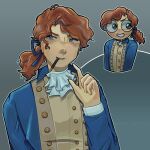  1boy alexander_hamilton blue_eyes blue_jacket blue_ribbon brown_hair brown_vest chibi chibi_inset curly_hair freckles green_background hair_ribbon hand_up highres jacket long_hair long_sleeves male_focus nib_pen_(object) object_in_pocket open_clothes open_jacket pen pen_in_pocket pocket ponytail real_life ribbon rinnivin shirt vest white_shirt 