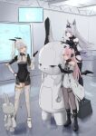  3girls animal_ears bare_shoulders bear_ears black_bodysuit black_boots black_thighhighs bodysuit boots clothing_cutout coat commentary dress english_commentary full_body grey_bodysuit grey_coat grey_dress grey_eyes grey_hair grey_hairband grey_pantyhose grey_thighhighs hair_intakes hairband headgear headphones heterochromia highres joints karenina:_scire_(pgr) karenina_(pgr) long_hair mechabare mechanical_arms mechanical_ears multiple_girls no._21:_feral_(pgr) no._21_(pgr) open_mouth orange_eyes pantyhose pink_eyes pink_hair punishing:_gray_raven rabbit rabbit_ears robot_joints sdl sidelocks teddy:_decryptor_(pgr) teddy_(pgr) thigh_cutout thighhighs twintails 