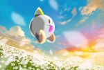  blue_sky blurry blurry_foreground cloud commentary_request dizzy_(kirby) field flower flower_field full_body highres hitose_shizuku horns jumping kirby's_dream_land kirby_(series) midair no_humans outdoors petals single_horn sky solid_oval_eyes solo tongue tongue_out white_flower white_petals 