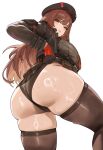  1girl absurdres ass ass_focus belt_pouch beret black_gloves black_hat black_jacket black_shorts black_thighhighs breasts brown_hair closed_mouth commentary gloves goddess_of_victory:_nikke hat highres huge_ass jacket large_breasts lips long_hair looking_at_viewer looking_back micro_shorts multicolored_gloves nisakusa partially_visible_vulva pouch rapi_(nikke) red_eyes red_gloves shorts solo sweat thick_thighs thighhighs thighs two-tone_gloves white_background 