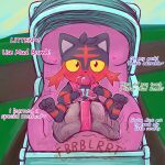 3_fingers 3_toes ambiguous_gender black_body black_fur black_nose blush blush_lines clothed clothing color_coded_text detailed_background dialogue diaper diaper_only english_text facial_markings feces feet feral fingers front_view full-length_portrait fur generation_7_pokemon grass grey_inner_ear head_markings head_tuft heart_eyes heart_symbol hi_res litten ludis-luteo lying markings multicolored_body multicolored_fur nintendo object_in_mouth offscreen_character on_back pacifier pacifier_in_mouth path pawpads pink_pacifier plant pokemon pokemon_(species) pooping portrait red_body red_fur red_pawpads red_stripes sky soiled_diaper soiling soiling_diaper solo sound_effects strapped_down striped_arms striped_body striped_fur striped_legs stripes stroller text tilde_after_text toes topless tuft two_tone_body two_tone_fur unclean_diaper used_diaper using_diaper vowelless vowelless_sound_effect wearing_diaper yellow_sclera 