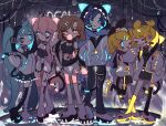  2boys 4girls ^_^ adapted_costume ahoge animal_ear_hood animal_ears aqua_hair arrow_(symbol) arrow_print arrow_tattoo artificial_idol_(miracle_nikki) asymmetrical_legwear bare_shoulders black_boots black_bow black_choker black_hood black_pants black_shirt black_shorts black_skirt blue_eyes blue_hair blue_scarf blush_stickers boots bow breasts brown_hair cable cat_ears cheek_pull chewing_gum choker chromatic_aberration cleavage cleavage_cutout closed_eyes closed_mouth clothes_around_waist clothing_cutout commentary commentary_request crop_top cross cross_choker ears_through_hood english_commentary eyelashes facial_tattoo fake_animal_ears fingernails fish_tattoo frown full_body grey_hair hair_bow hair_ornament hairclip hand_on_own_hip hands_in_pockets hatsune_miku heart heart_cutout heart_print heart_tattoo high_heels highres holding holding_bow_(ornament) holding_own_tail hood hood_up hoodie idol jacket jacket_around_waist jacket_partially_removed kagamine_len kagamine_rin kaito_(vocaloid) kneehighs lace-trimmed_skirt lace_trim leg_tattoo light_particles long_hair long_sleeves looking_at_another megurine_luka meiko_(vocaloid) melling_rl midriff miniskirt miracle_nikki mismatched_boots mismatched_legwear multiple_boys multiple_girls navel nikki_(series) one_eye_closed pants parallel_hairclips partially_unzipped pink_choker pink_eyes pink_hair platform_boots pleated_skirt print_boots puffy_long_sleeves puffy_sleeves pumps scarf shirt shoes shorts single_kneehigh single_sock skirt sleeves_past_wrists smile socks stage standing strapless strapless_shirt striped_clothes striped_skirt tail tattoo thigh_boots thighhighs tongue tongue_out two-sided_hood vertical-striped_clothes vertical-striped_skirt very_long_hair vocaloid white_boots white_hoodie white_jacket white_shoes white_thighhighs yellow_socks zipper_pull_tab 
