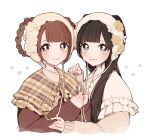  2girls absurdres black_eyes black_hair blunt_bangs braid braided_hair_rings brown_eyes brown_hair cardigan chiba_yuna collar frilled_collar frills hair_rings hairband highres kyururin_tte_shitemite long_sleeves looking_at_viewer multiple_girls nekosuitai_yo nigemizu_amu plaid_clothes real_life side_part side_ponytail simple_background smile upper_body white_background 