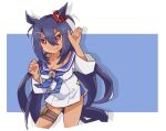  >:) 1girl animal_ears arm_up beer_hsk blue_background blue_hair blue_sailor_collar breasts cleavage closed_mouth cropped_legs dark-skinned_female dark_skin dress fang fang_out hair_between_eyes hand_up hishi_amazon_(azure_amazon)_(umamusume) hishi_amazon_(umamusume) horse_ears horse_girl horse_tail long_hair long_sleeves looking_at_viewer medium_breasts red_eyes sailor_collar sailor_dress smile solo tail two-tone_background umamusume v-shaped_eyebrows very_long_hair white_background white_dress 