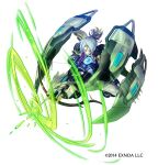  1girl blonde_hair blue_eyes breasts character_request closed_mouth commentary_request copyright_notice crossbow firing grey_hair highres holding holding_crossbow holding_weapon multicolored_hair one_eye_closed oshiro_project:re see-through_cleavage see-through_clothes solo squatting streaked_hair weapon z-ton 