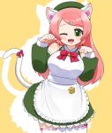  1girl :3 animal_ears apron bell_bow beret bow bowtie breasts buttons cat_ears cat_tail collared_dress detached_sleeves dress fang frilled_apron frills green_dress green_eyes green_hat hair_ornament hairclip hat highres large_breasts long_hair looking_at_viewer momone_momo nyanyanyanyanyanyanya!_(vocaloid) one_eye_closed open_mouth paw_pose red_bow red_bowtie saruyama_ushirou skindentation tail thighhighs utau white_apron white_thighhighs yellow_background 