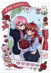  2girls artist_name black_dress black_jacket black_pantyhose blue_eyes blue_sweater blush bouquet bow cake cake_slice chiyoda_momo chocolate chocolate-covered_food closed_mouth collared_shirt commentary_request dress flower food fruit hand_on_another's_waist happy_valentine heart holding holding_bouquet jacket long_hair looking_at_viewer machikado_mazoku multiple_girls ocean outdoors pants pantyhose pinafore_dress pink_bow pink_flower pink_hair purple_shirt rajin red_eyes red_flower red_hair red_rose rose shirt short_hair sleeveless sleeveless_dress smile sparkle spoken_heart strawberry sweater valentine white_flower white_pants yoshida_yuuko yuri 