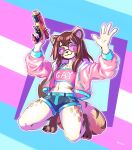  anthro bottomwear clothing eyewear felid feline female glasses gun hair hi_res hotpants inner_ear_fluff jacket looking_at_viewer mammal raised_arm ranged_weapon shorts solo topwear tuft weapon wudsie 