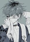  1boy bubble_pop_sdk collar collarbone commentary_request covering_own_mouth drying drying_hair drying_own_hair eye_print eyepatch greyscale hair_dryer haori highres holding holding_hair_dryer holding_towel japanese_clothes kimono male_focus monochrome multicolored_hair omokage_yugamu pectorals print_eyepatch roots_(hair) short_hair solo the_hundred_line_-last_defense_academy- towel towel_around_neck upper_body wet 