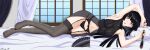  1girl absurdres armpits arms_up artist_name black_garter_belt black_hair black_nails black_nightgown black_panties black_thighhighs blue_sky blunt_bangs blunt_ends breasts commentary_request day fingernails full_body garter_belt glass_(tate_no_yuusha_no_nariagari) hand_fan highres holding holding_fan holding_weapon indoors lace lace_garter_belt lace_panties large_breasts light_smile lingerie long_hair lying midriff mixed-language_commentary miyoshino90 navel nightgown on_bed on_side panties pink_eyes red_lips see-through_clothes see-through_nightgown sideboob signature sky solo tate_no_yuusha_no_nariagari thighhighs toenails twitter_username underwear variant_set vassal_fan_(demon_dragon_fan)_(tate_no_yuusha_no_nariagari) vassal_fan_(tate_no_yuusha_no_nariagari) weapon window 