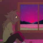 1:1 absurd_res anthro bandage basitin bed bedroom blood bodily_fluids bottomwear clothing dim_lighting female field footwear furniture glowing glowing_eyes grey_bottomwear grey_clothing grey_pants hair hi_res jordanos21 long_hair madelyn_adelaide mammal mountain pants pink_light shirt sitting solo sunset tail tears the_ks_(band) toeless_footwear topwear twilight twokinds window window_sill yellow_clothing yellow_eyes yellow_shirt yellow_topwear