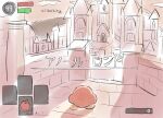  1other anor_londo apple castle dark_souls_(series) dark_souls_i day food from_behind fruit gameplay_mechanics heads-up_display health_bar in-universe_location kirby_(series) ngetyan outdoors standing translation_request user_interface waddle_dee 