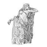  1girl amputee breasts breasts_apart chest_harness commentary_request cowboy_shot curtained_hair elden_ring feet_out_of_frame greyscale hand_in_own_hair harness highres kkwaggg korean_commentary long_hair looking_to_the_side malenia_blade_of_miquella malenia_goddess_of_rot mechanical_arms medium_breasts monochrome navel prosthesis prosthetic_arm prosthetic_leg single_mechanical_arm solo strap toga white_background 