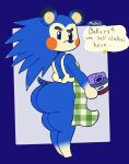 animal_crossing anthro apron apron_only big_butt blue_background blue_body blue_fur butt clothing dialogue english_text eulipotyphlan female folded_clothing fur green_apron green_clothing hedgehog hi_res looking_at_viewer mabel_able mammal mschaox6 nintendo pattern_apron pattern_clothing plaid plaid_apron plaid_clothing simple_background solo tail text