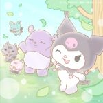  2girls 3boys ;d alien animal_ears baby baku_(onegai_my_melody) blurry blush_stickers bokeh cat_ears cat_girl cat_tail chibi chibi_only collimo commentary_request demon_tail demon_wings depth_of_field flying furry furry_female furry_male gureco_(sanrio) highres koni_(sanrio) kuromi kuromi's_pretty_journey multiple_boys multiple_girls official_art one_eye_closed onegai_my_melody pastel_colors sanrio second-party_source skull smile solid_oval_eyes tail tree wings 