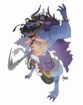  1boy abs aj_touch arm_up beard black_facial_hair black_hair bracelet cape chain club_(weapon) dragon_boy facial_hair fangs fur_cape glowing glowing_eyes horns huge_pectorals jewelry kaidou_(one_piece) kanabou male_focus multiple_horns muscular muscular_male navel one_piece scales scar scar_on_chest simple_background solo spiked_bracelet spikes tail teeth weapon white_background 
