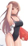  1girl armpits artist_name black_choker black_one-piece_swimsuit breasts brown_eyes brown_hair choker cleavage commentary competition_swimsuit cowboy_shot english_commentary goddess_of_victory:_nikke highleg highleg_one-piece_swimsuit highres kickboard large_breasts long_hair ocean one-piece_swimsuit randgriz96 rapi_(classic_vacation)_(nikke) rapi_(nikke) revision simple_background solo swimsuit two-tone_one-piece_swimsuit two-tone_swimsuit white_background 