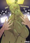  1girl absurdres animal_ears animatronic artist_logo artist_name ass breasts colored_skin english_text five_nights_at_freddy's five_nights_in_anime_(fangame) furry furry_female genderswap genderswap_(mtf) grabbing_own_ass green_skin highres huge_ass huge_breasts large_breasts logo long_hair looking_at_viewer looking_back looking_down monitor monokuimi office pov purple_thong rabbit_ears rabbit_girl rabbit_tail robot shiny_skin smile springtrap sweat tail teeth thong topless_female wire 